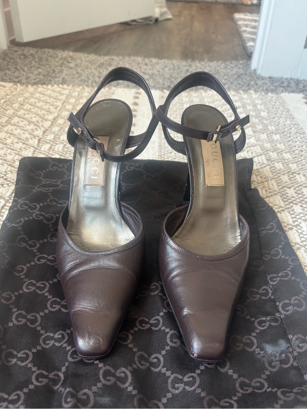 Gucci Dark Brown Leather Pointed-Toe Ankle-Strap Heels